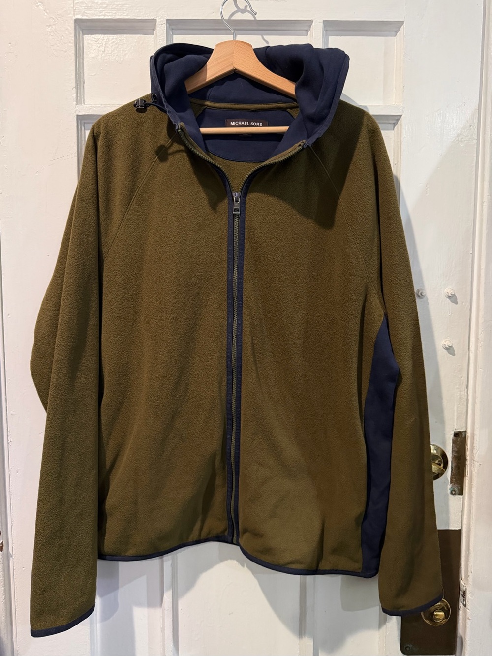 Michael Kors Olive Green Fleece Jacket with Navy Trim
